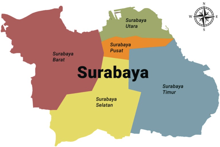 RESMI: Pembagian wilayah di Surabaya saat ini. Dulu Surabaya terdiri dari enam kecamatan saja. (ILUSTRASI/RADAR SURABAYA)