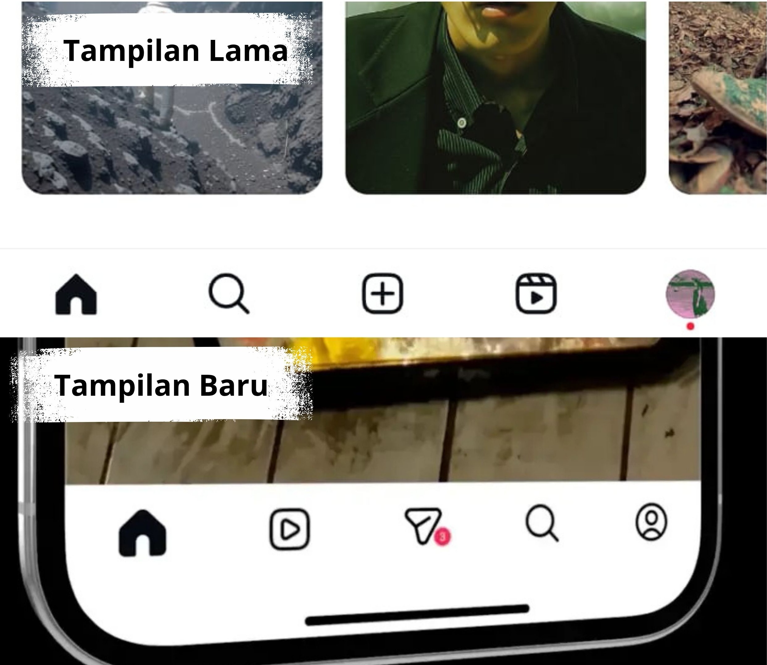 Tampilan menu bar baru dan lama pada Instagram.