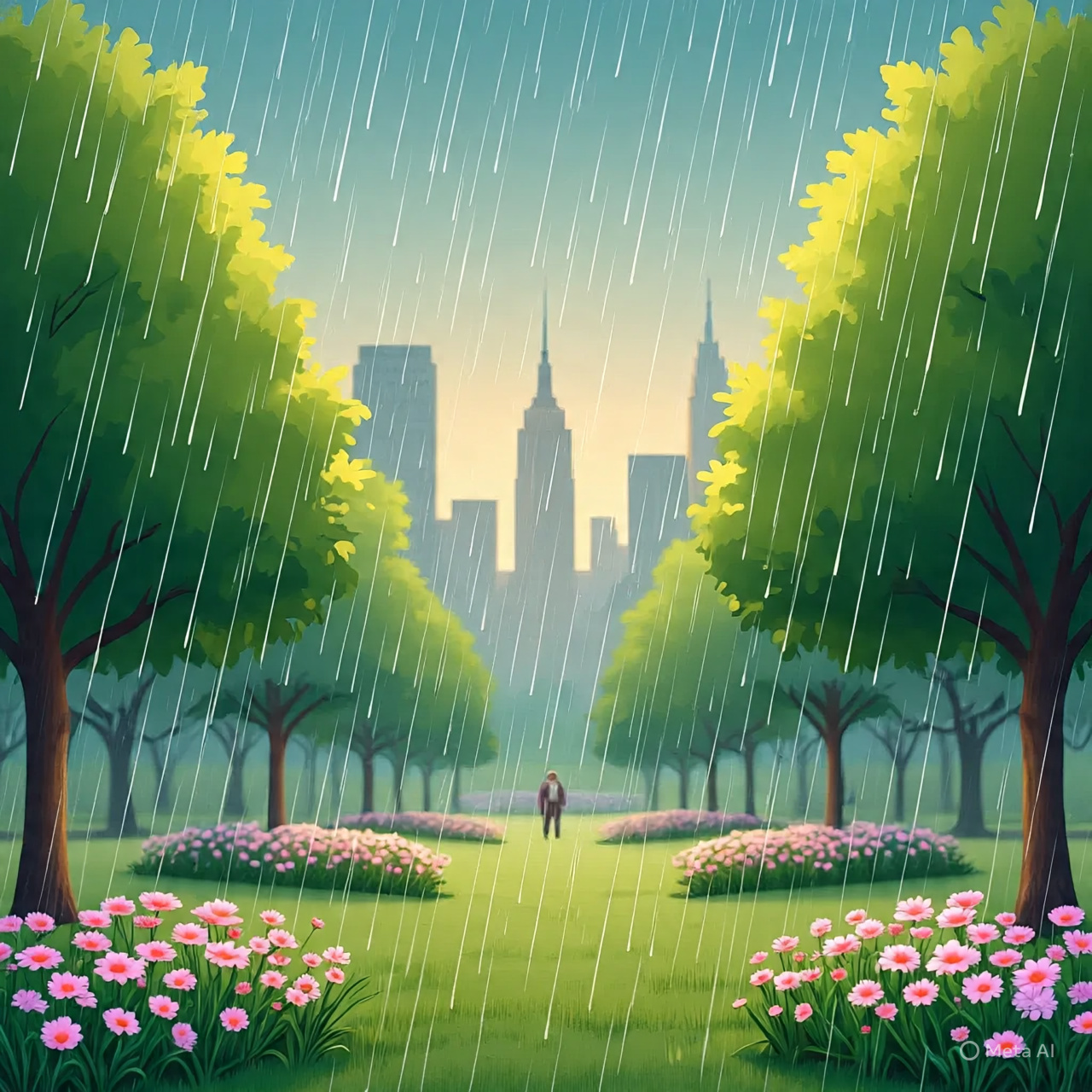 Ilustrasi hujan ringan di taman. (AI)
