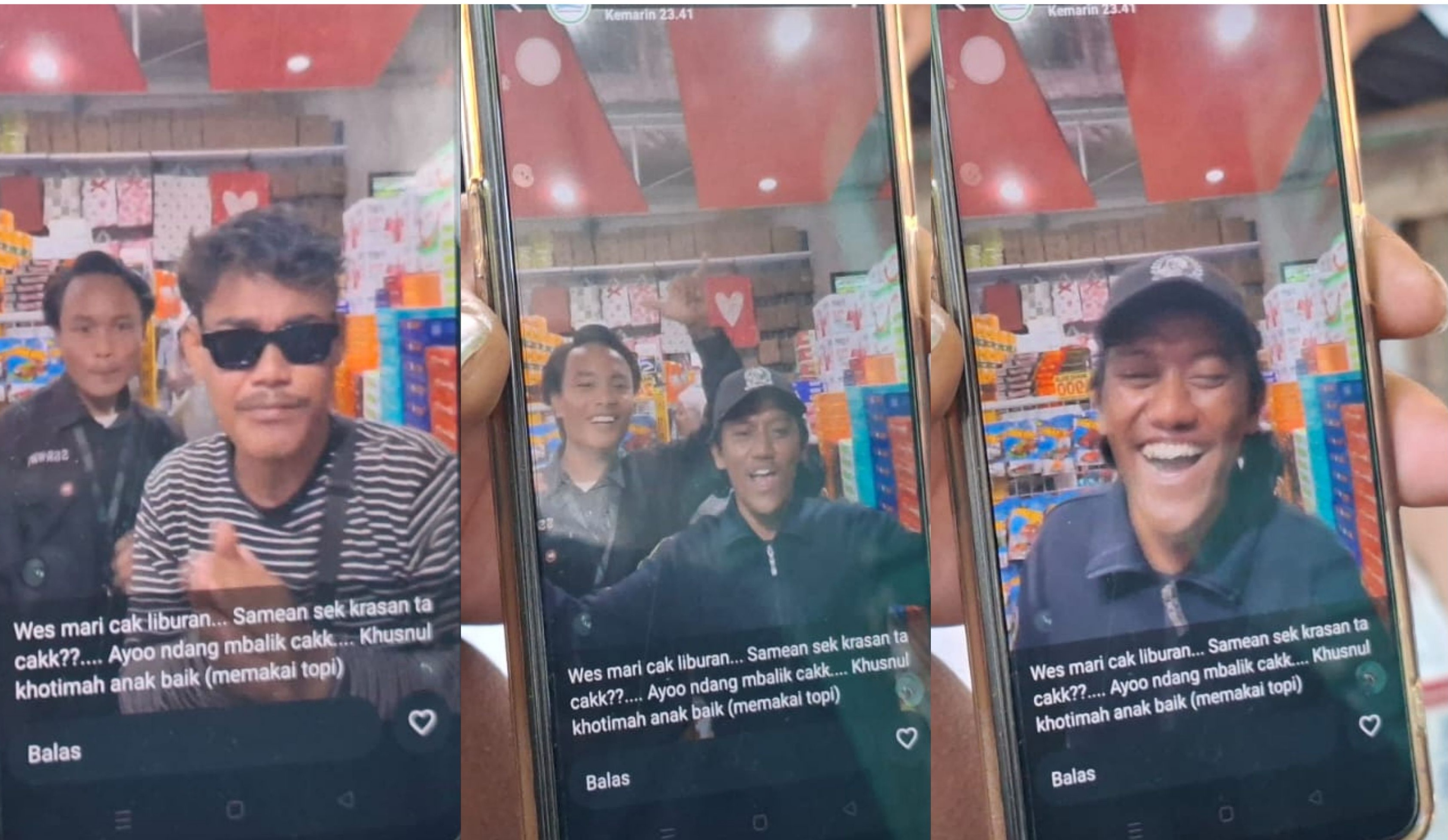 Korban semasa hidup saat singgah di minimarket dalam perjalanan menuju Pantai Modangan, Malang, Rinaldi Hidayat (pakai topi) dan Rafi Naufal (pakai kacamata).