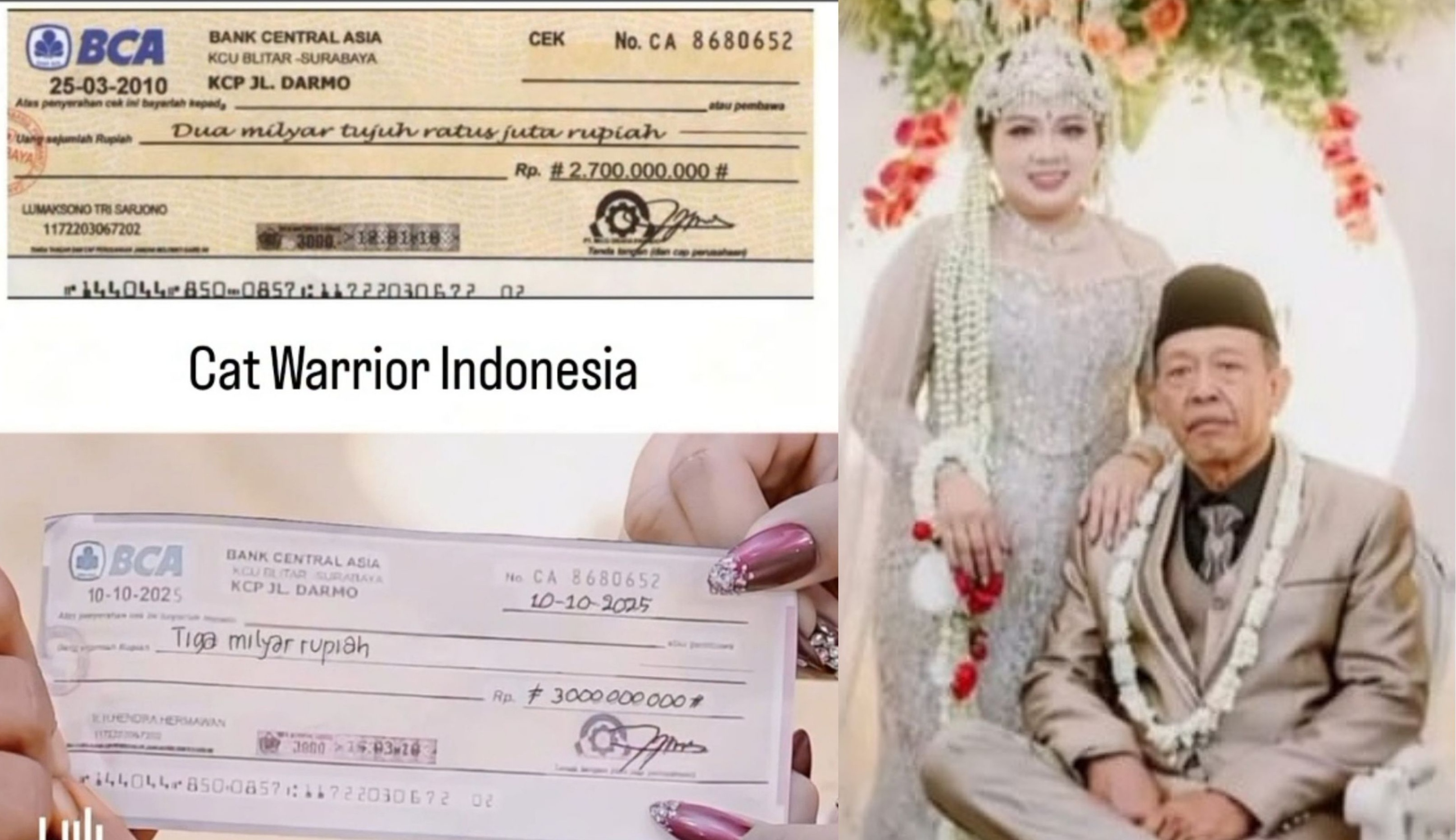 Cek yang diberikan Tarman sebagai mahar saat menikahi Shela Arika dibandingkan dengan cek asli keluaran tahun 2010 yang mirip.