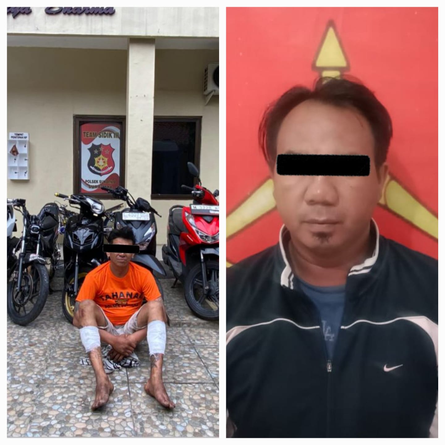 DITAHAN : Tersangka MJR alias Robot dan AR diamankan di Mapolsek Sukolilo usai diburu tiga bulan. Keduanya pencuri dan penadah motor yang beraksi di Sukolilo, Surabaya. (IST/RADAR SURABAYA)