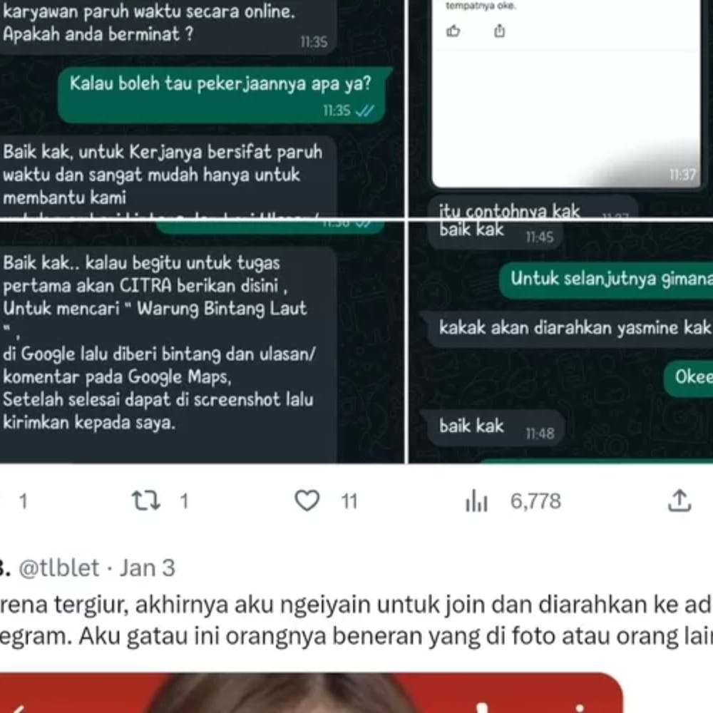 Tangkapan layar percakapan penipuan kerja yang beredar lewat WhatsApp.