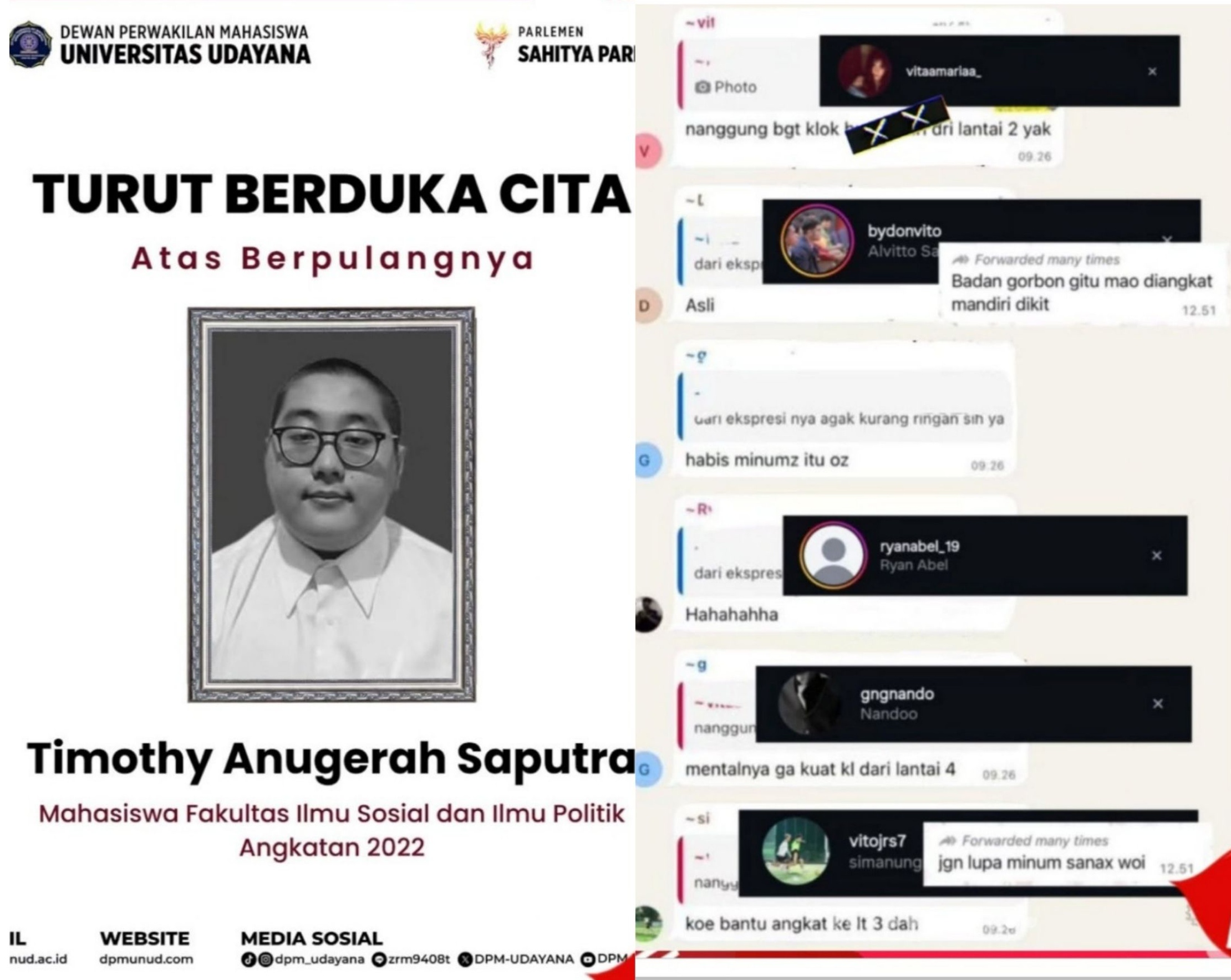 Timothy Anugrah Saputra, mahasiswa FISIP Universitas Udayana Bali diduga sering mengalami perundungan dari kakak angkatan.