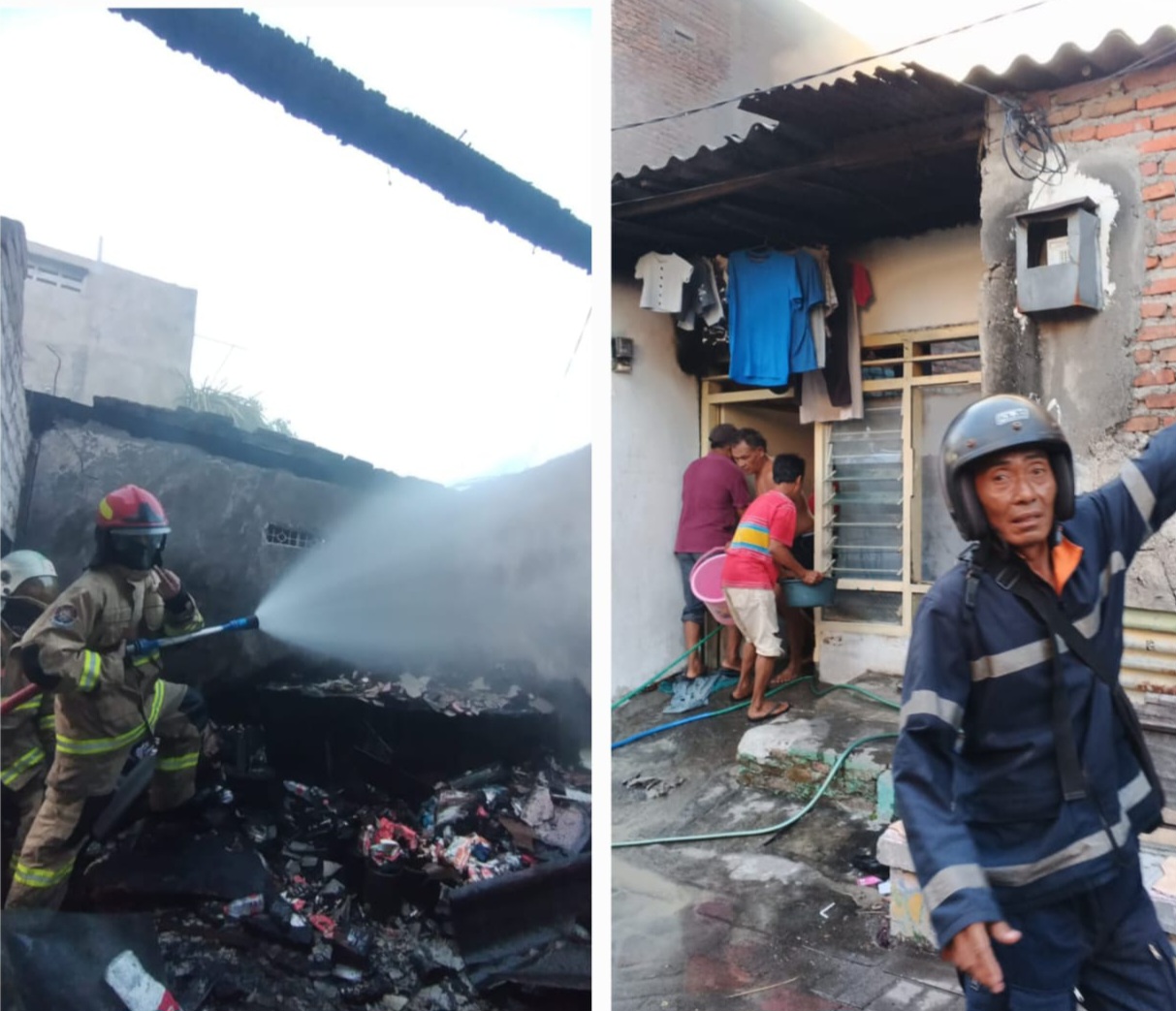KOMPAK : Warga dan petugas saat berupaya memadamkan api yang membakar rumah di Jalan Simo Sidomulyo, Surabaya, Sabtu (18/10) sore.(IST/RADAR SURABAYA)