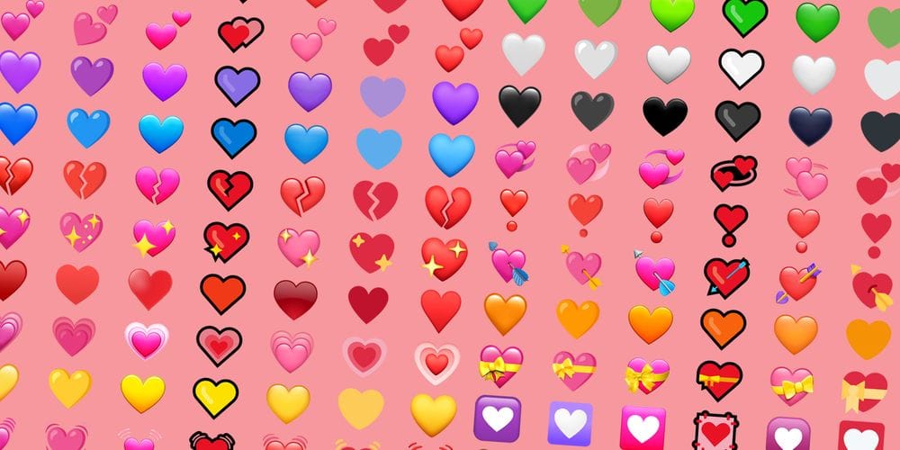 Ilustrasi macam macam warna emoji hati.