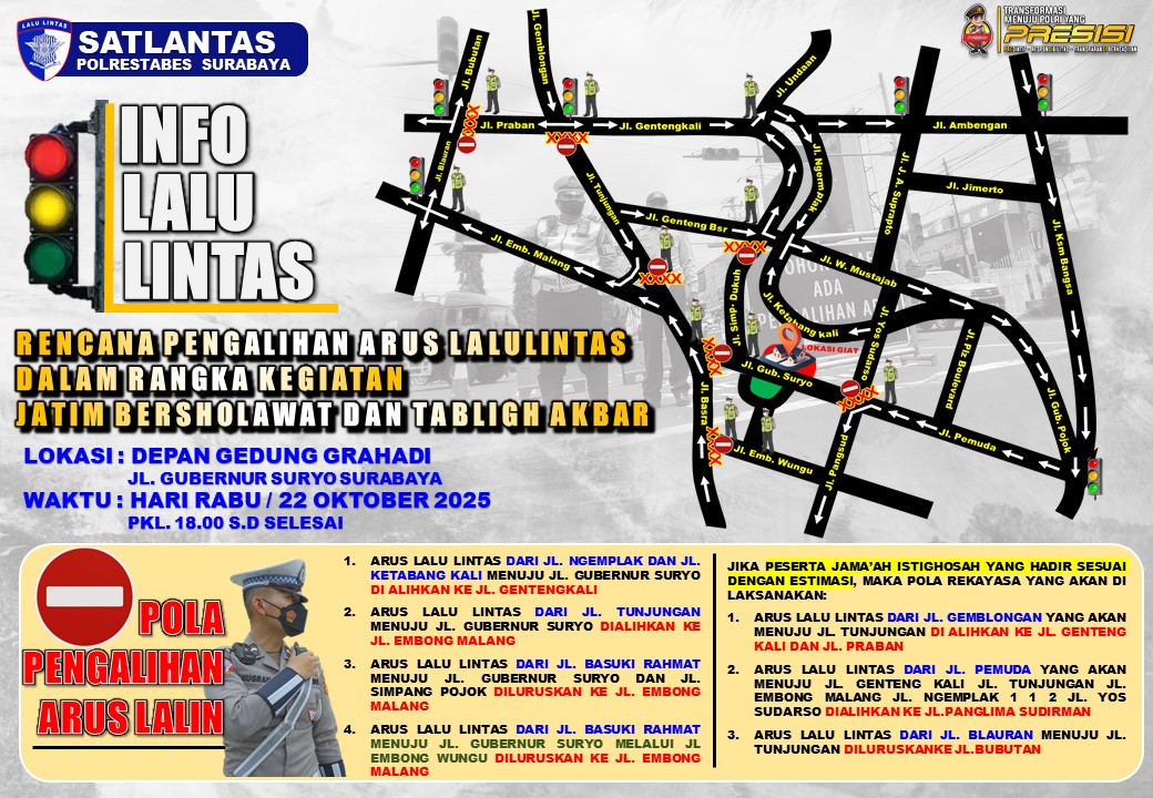 REKAYASA JALAN: Satlantas Polrestabes Surabaya akan melakukan pengalihan arus di depan Grahadi Jalan Gubernur Suryo, Surabaya. (IST/RADAR SURABAYA)