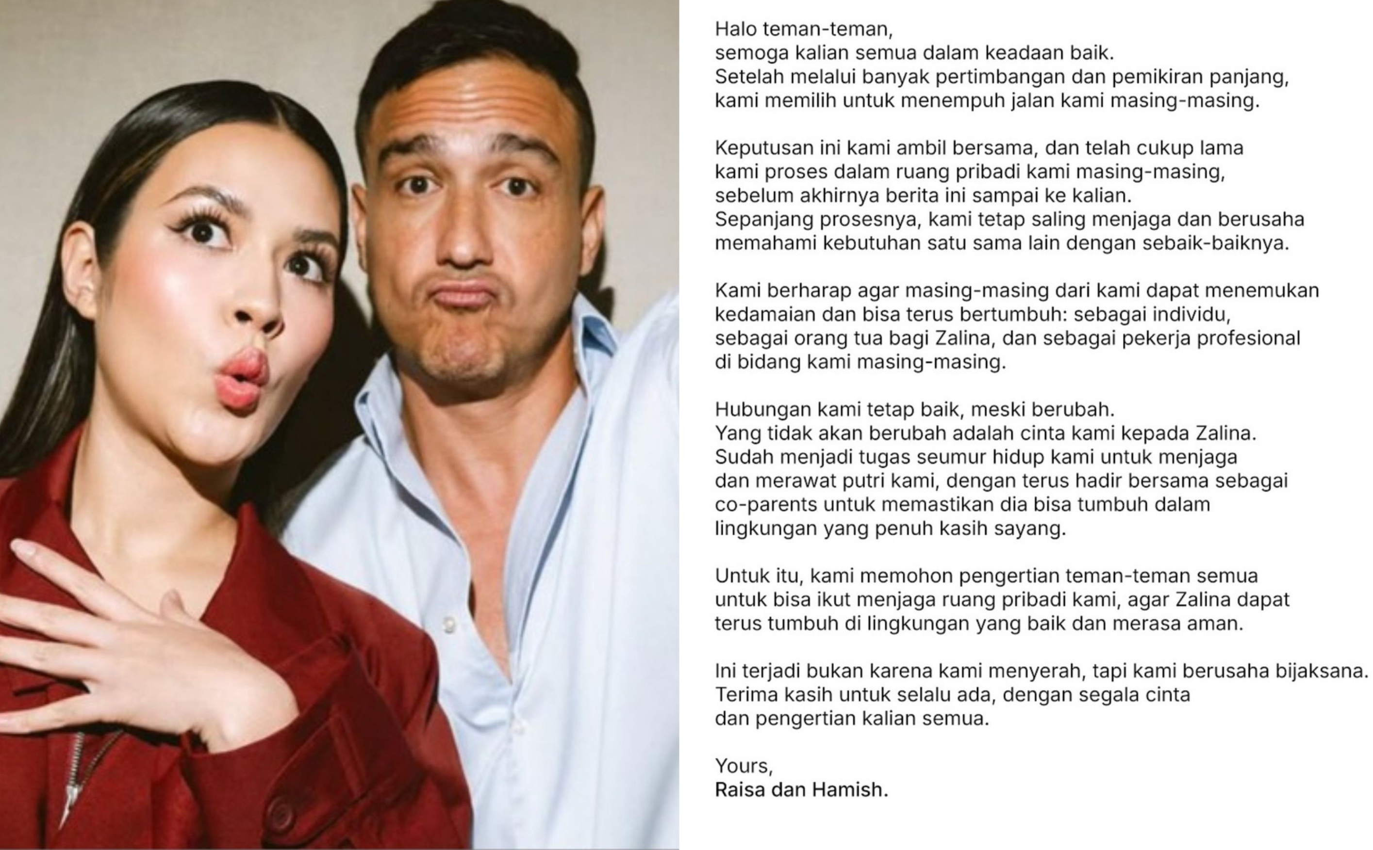 Pernyataan resmi terkait perceraian Raisa dan Hamish Daud yang diunggah di media sosial mereka.