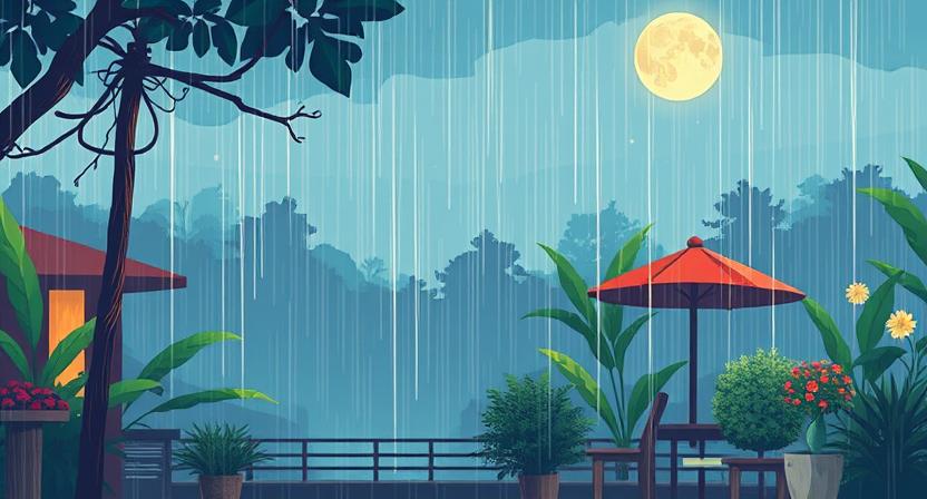 Ilustrasi hujan ringan di taman. (AI)