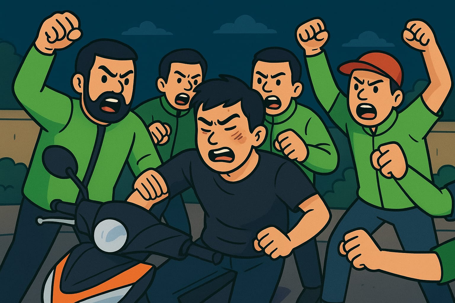 DIKEJAR: Pelaku curanmor ditangkap dan dihajar massa di Jalan Dharmahusada Indah, Surabaya, usai tepergok mencuri motor pengendara ojol. (ILUSTRASI AI /RADAR SURABAYA)