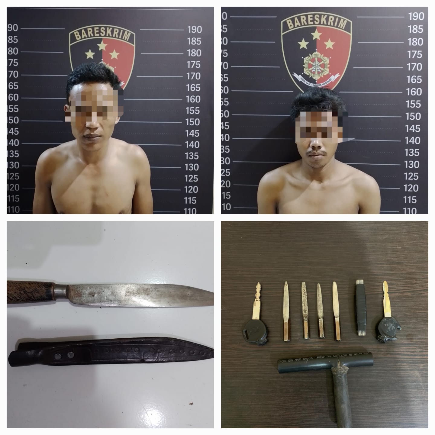 DITAHAN : Dua tersangka pencuri motor Unyil dan Aldo diamankan beserta barang bukti di Mapolsek Gubeng. Mereka ditangkap di Jalan Kertajaya, Surabaya.(IST/RADAR SURABAYA)