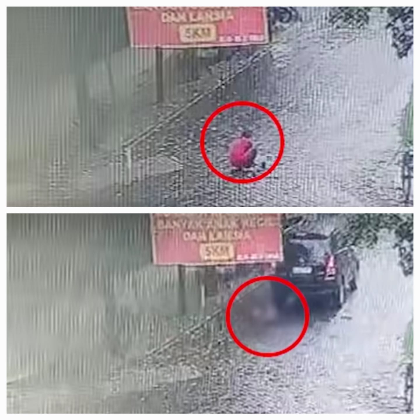 KEJADIAN: Korban jongkok dan bermain di jalan sama hujan. Ia jadi korban tabrak lari mobil di Tenggilis Timur Surabaya.(IST/RADAR SURABAYA)