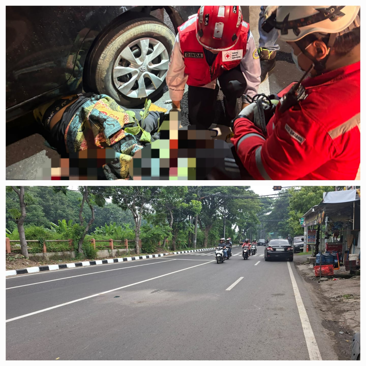 TRAGIS: Pengendara motor meninggal dunia usai terlibat kecelakaan dengan mobil di Jalan Jagir, Wonokromo, Surabaya. Lokasi kecelakaan nampak bekas pasir di jalan (foto bawah). (MAHRUS/RADAR SURABAYA)
