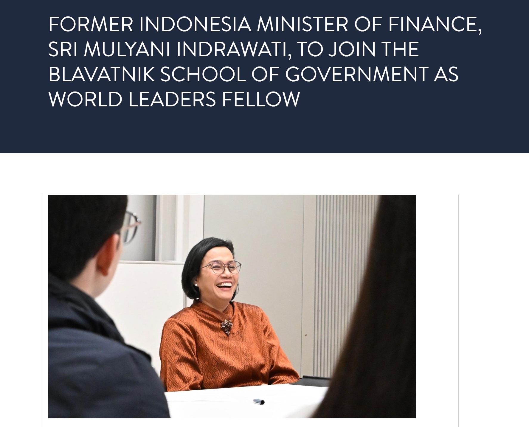 Pengumuman di situs resmi Blavatnik School of Government yang menyatakan Sri mulyani bergabung sebagai pengajar.