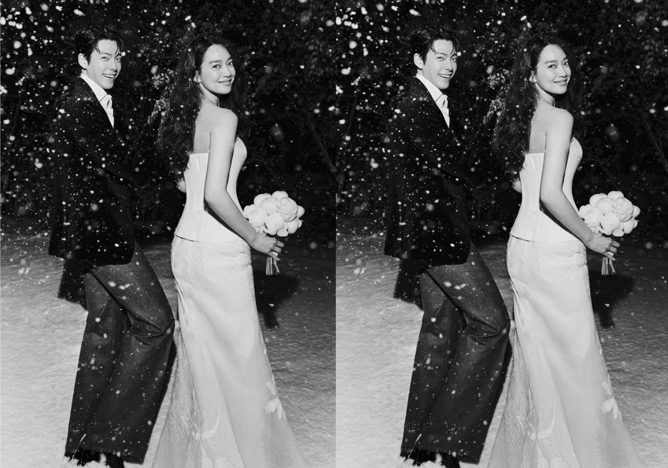 Foto resmi pernikahan Kim Woo Bin dan Shin Min Ah dengan latar salju yang menambah nuansa romantis.