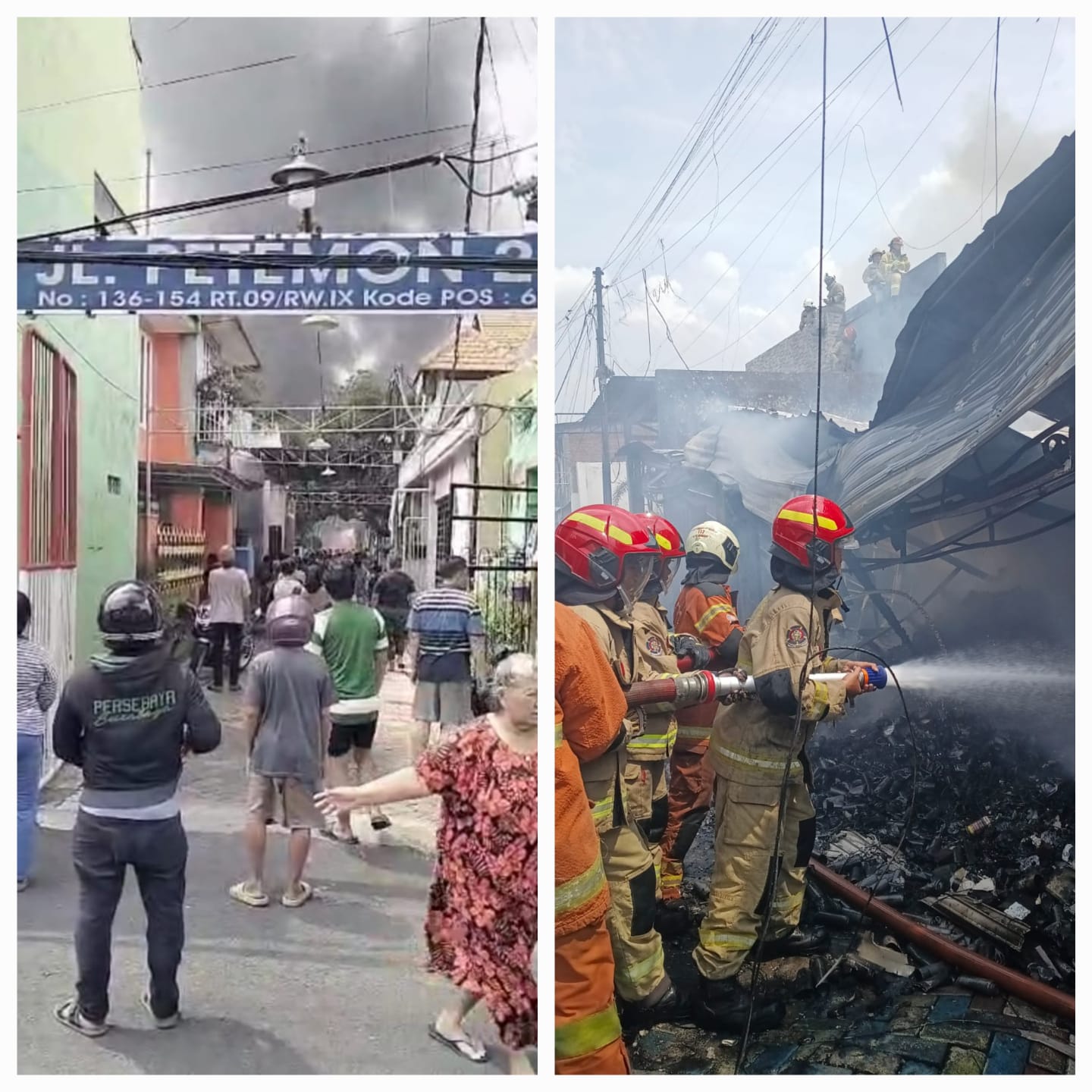 HABIS: Nampak asap mengepul saat kebakaran gudang spare part motor di Jalan Petemon, Surabaya. Kondisi gudang ludes terbakar (kanan). (IST/RADAR SURABAYA)