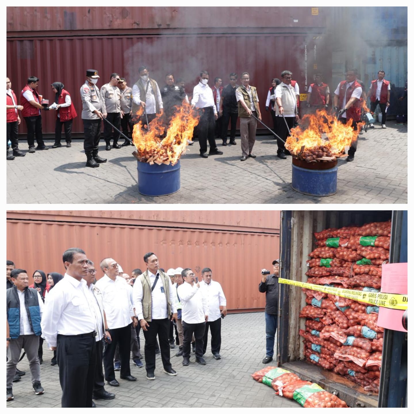 TEGAS: Kapolda Jatim Irjen Pol Nanang Avianto bersama Mentan Amran Sulaiman memusnahkan bawang bombai ilegal. Mentan melihat langsung bawang bombai di kontainer. (IST/RADAR SURABAYA)