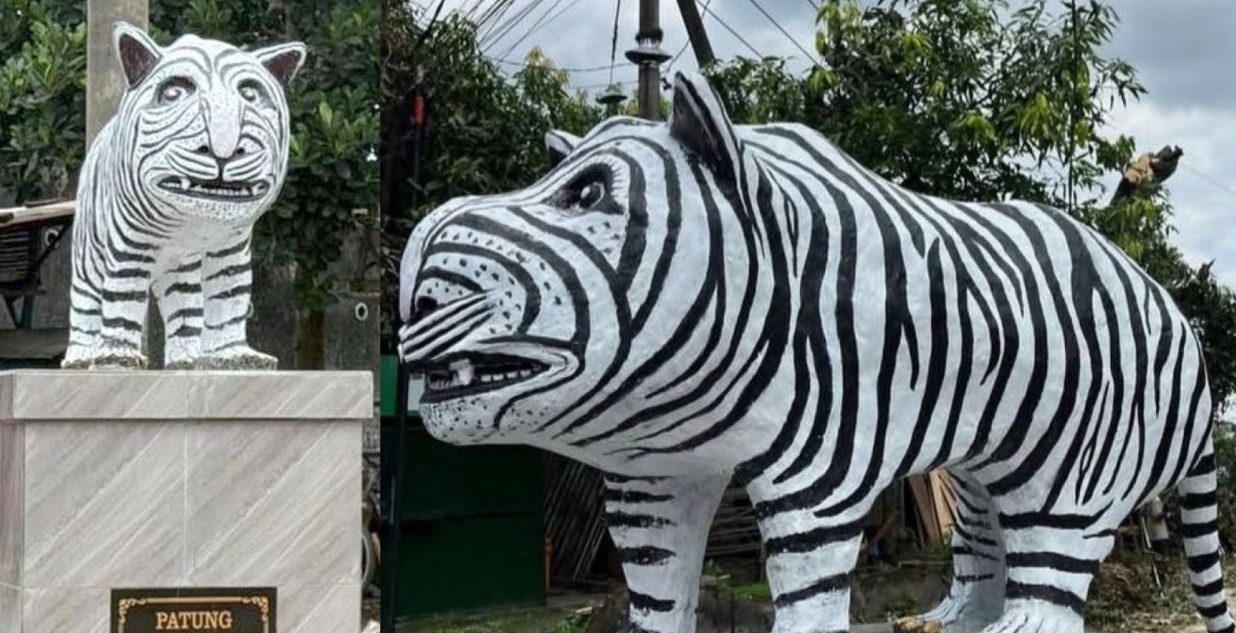 Patung macan putih di Desa Balongjeruk, Kediri, viral karena bentuknya yang unik.