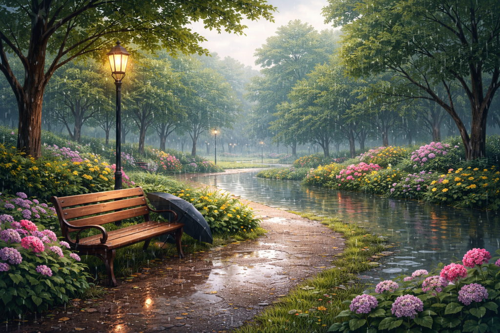 Ilustrasi hujan ringan di taman kota. (AI)