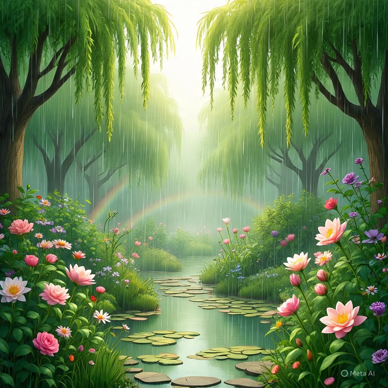 Ilustrasi hujan di taman kota. (AI)