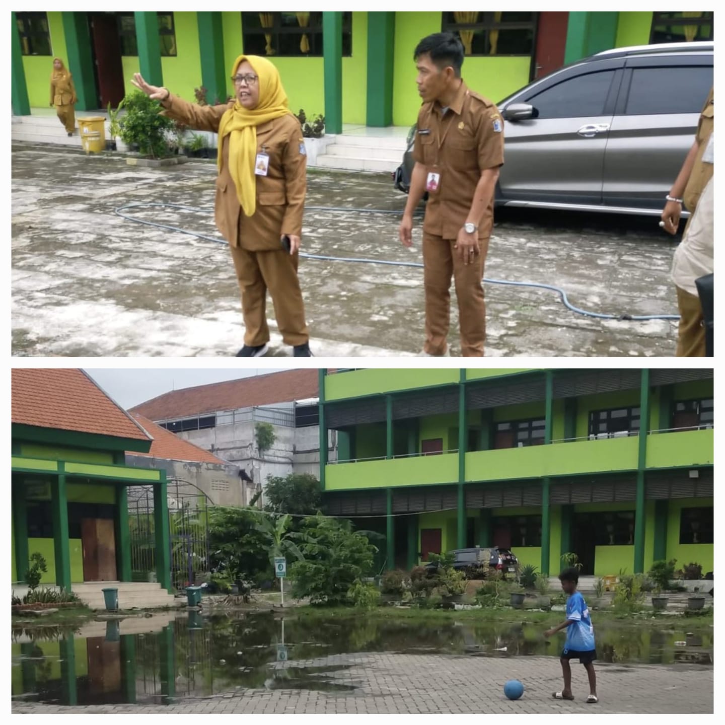 SIGAP: Pemkot Surabaya turun langsung ke SDN Ujung V untuk mengatasi genangan air di sana agar tidak mengganggu proses belajar mengajar. (IST/RADAR SURABAYA)