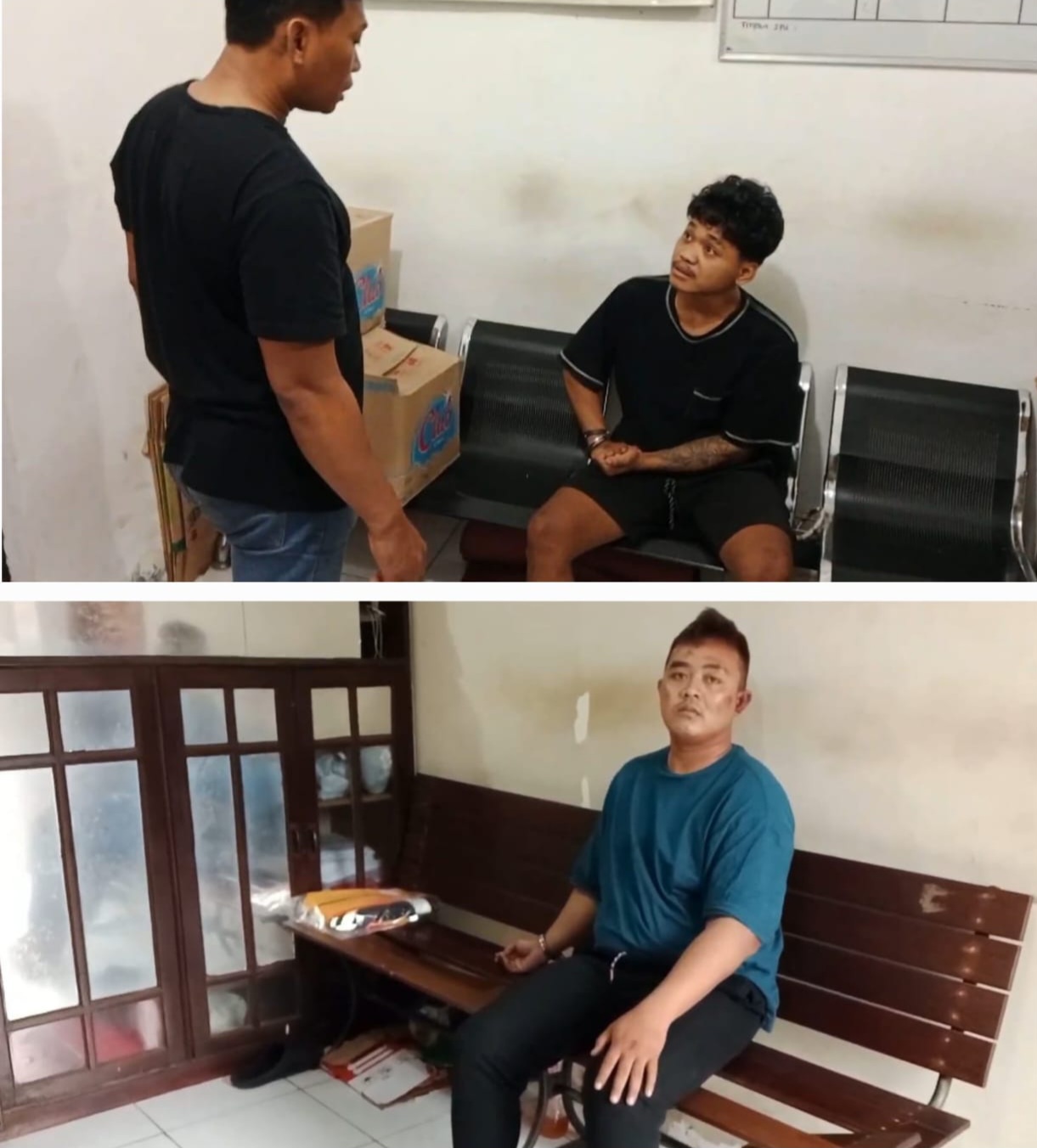 DIRINGKUS : Dua pelaku pencuri motor saat dibawa ke Mapolsek Sukolilo Surabaya. Keduanya ditangkap di Jalan Kalikepiting, Surabaya.(IST/RADAR SURABAYA)