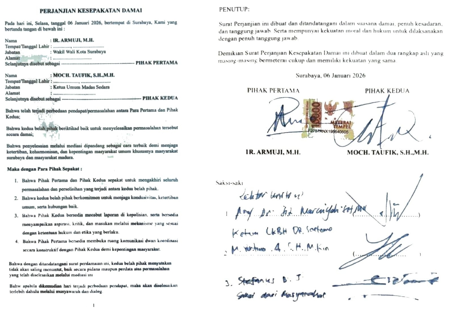 Surat perjanjian kesepatan damai yang ditandatangani kedua belah pihak.
