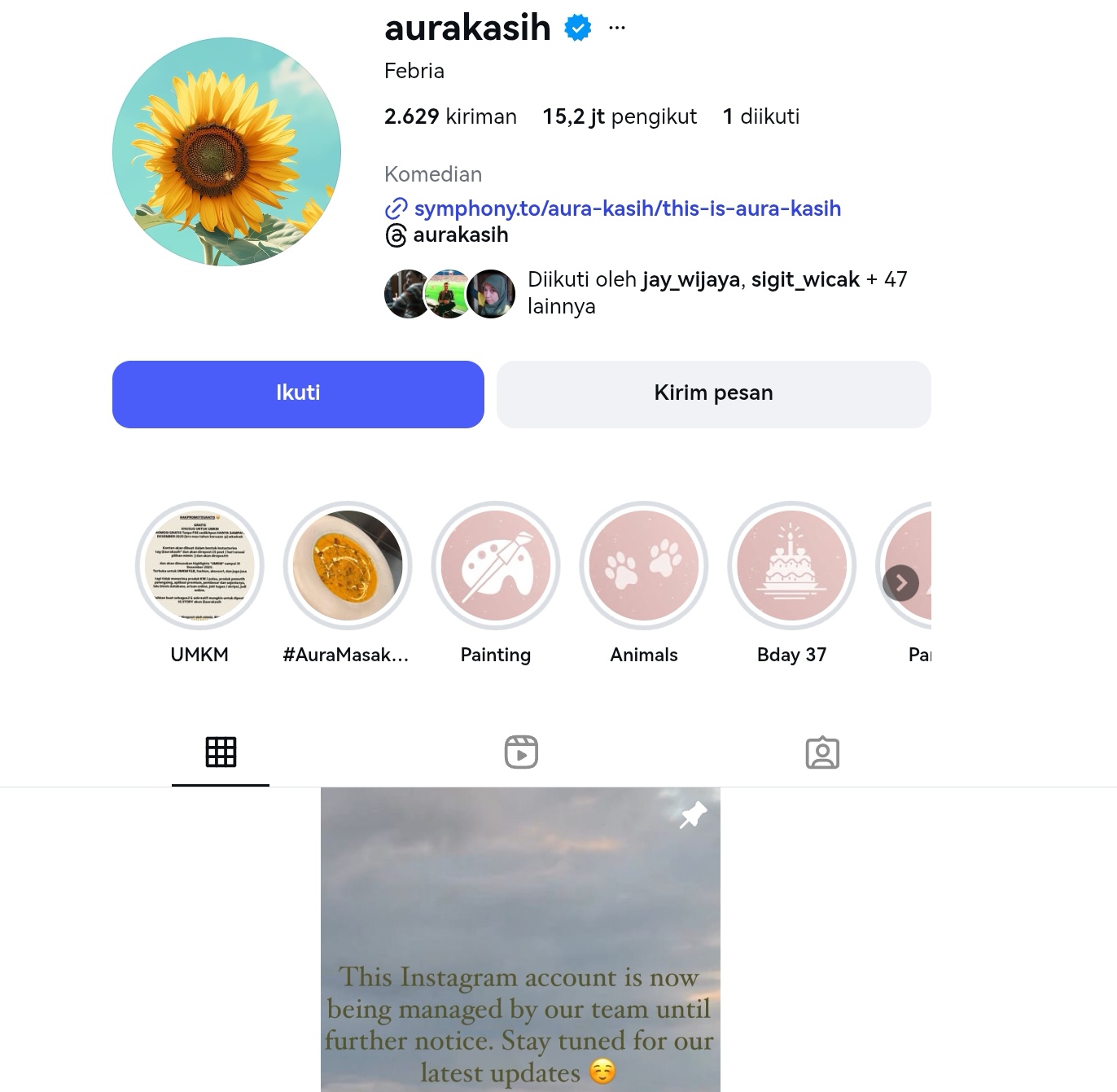 Artis Aura Kasih mengubah nama akun Instagramnya menjadi Febria, sebelumnya diberi nama Sunny.