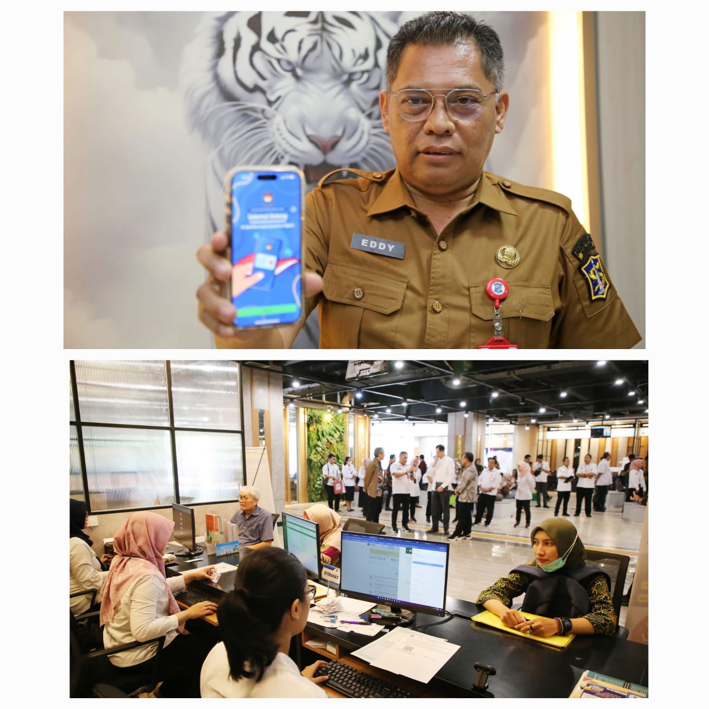 BERDAMPAK: Kepala Dispendukcapil Surabaya memperlihatkan aplikasi Klampid New Generation. Berkat aplikasi ini antrean di MPP Siola tak terlihat lagi.(IST/RADAR SURABAYA)