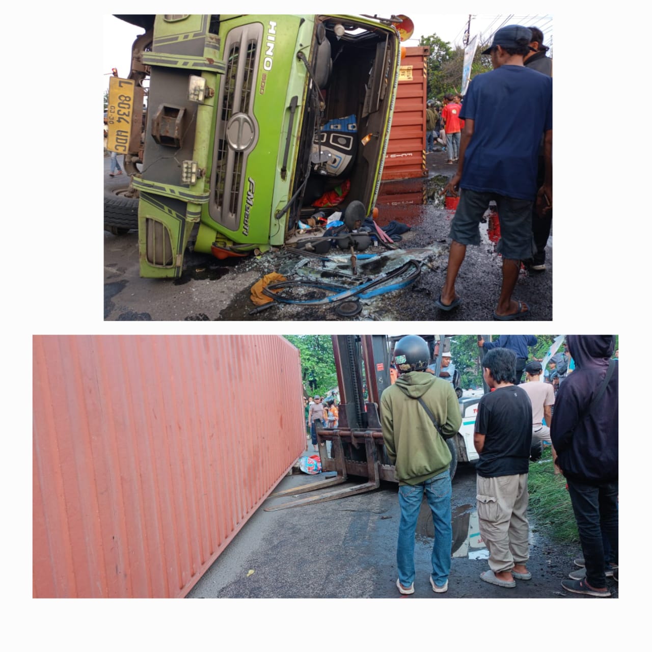 TRAGIS: Kondisi truk kontainer terguling di Jalan Bypass Balongbendo, Sidoarjo. Pengendara sepeda motor tertimpa hingga meninggal dunia.(IST/RADAR SURABAYA)