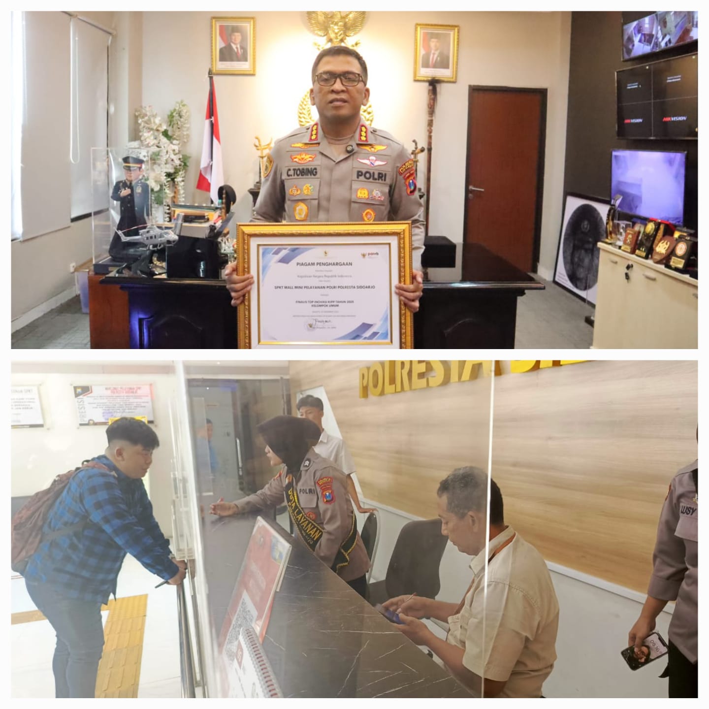 UKIR SEJARAH: Kapolresta Sidoarjo Kombes Pol Christian Tobing menunjukkan penghargaan KemenPAN-RB. Penghargaan diberikan untuk SPKT Mall Mini Pelayanan Polri Polresta Sidoarjo. (IST/RADAR SURABAYA)