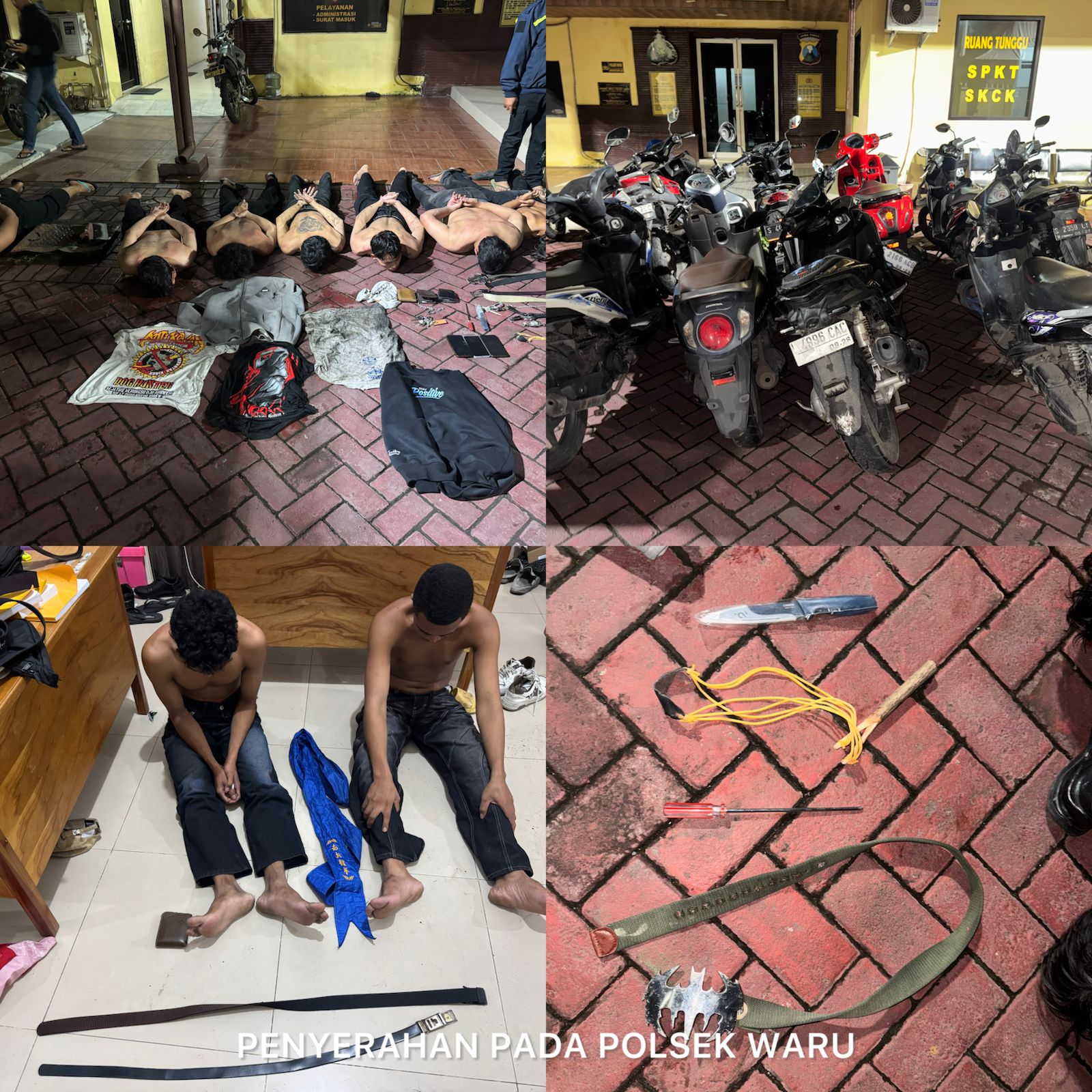 TERTUNDUK: Sebanyak 20 oknum perguruan silat diamankan Tim Patroli Perintis Ditsamapta Polda Jatim saat konvoi di jalanan Sidoarjo.(IST/RADAR SURABAYA)