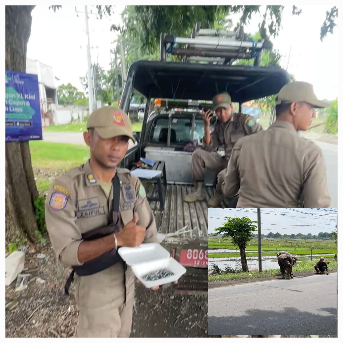 GERAK CEPAT: Anggota Satpol PP Sidoarjo mengamankan ranjau paku di Jalan Raya Lingkar Timur, tepatnya wilayah Wadungasih, Buduran. (IST/RADAR SURABAYA)