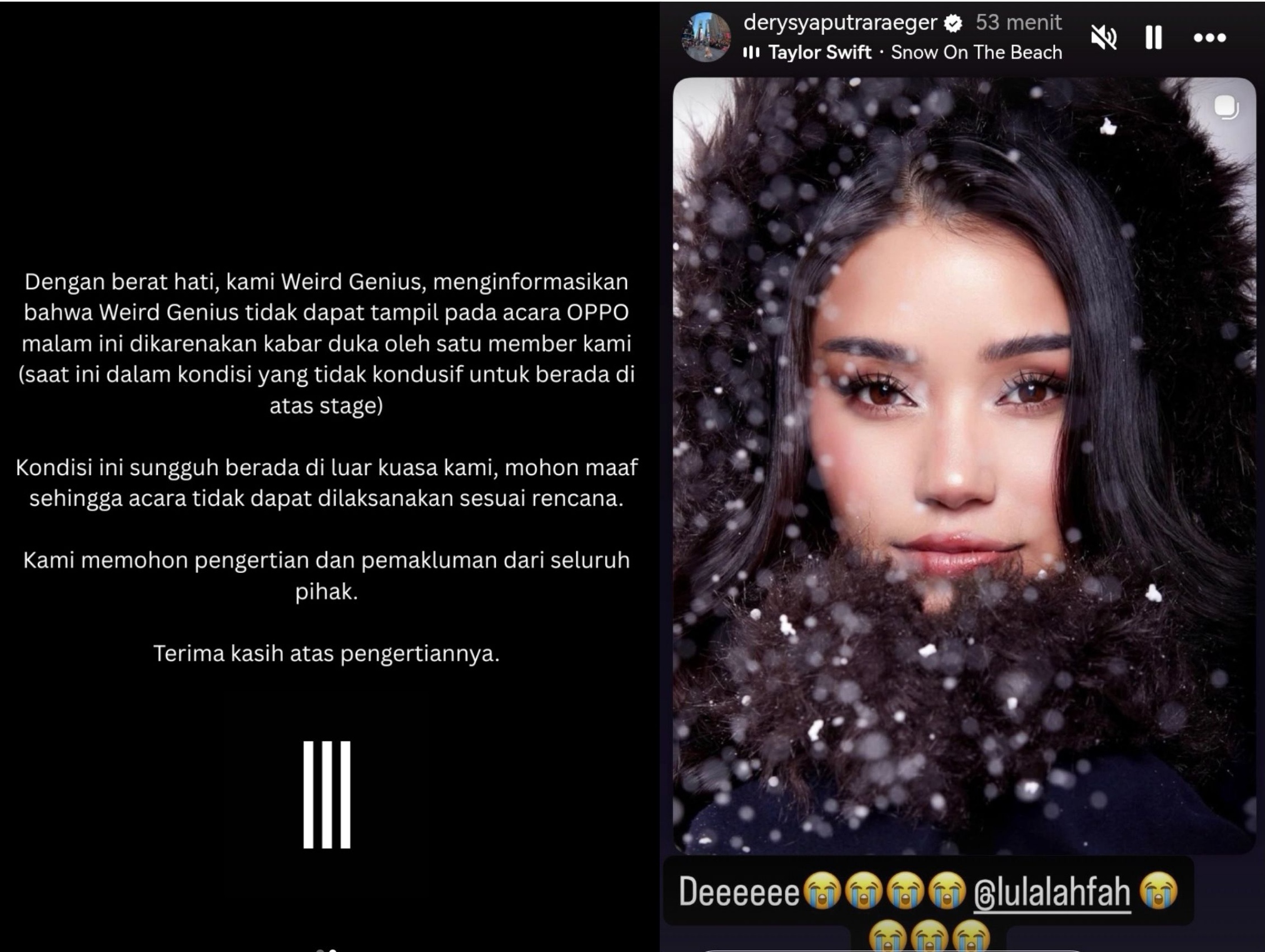 Unggahan Story salah satu teman Lula Lahfah dan pembatalan penampilan Weird Genius.
