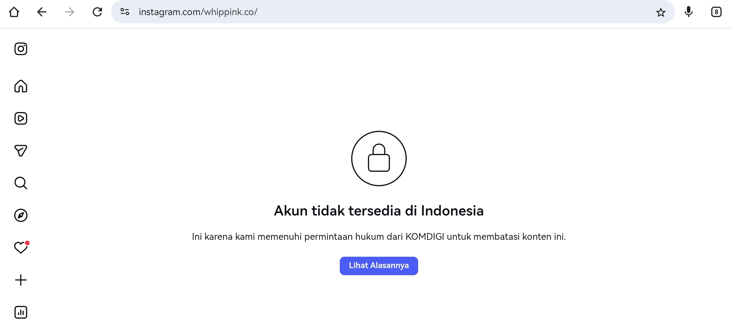 Akun media sosial Whip Pink juga tidak tersedia alias diblokir.