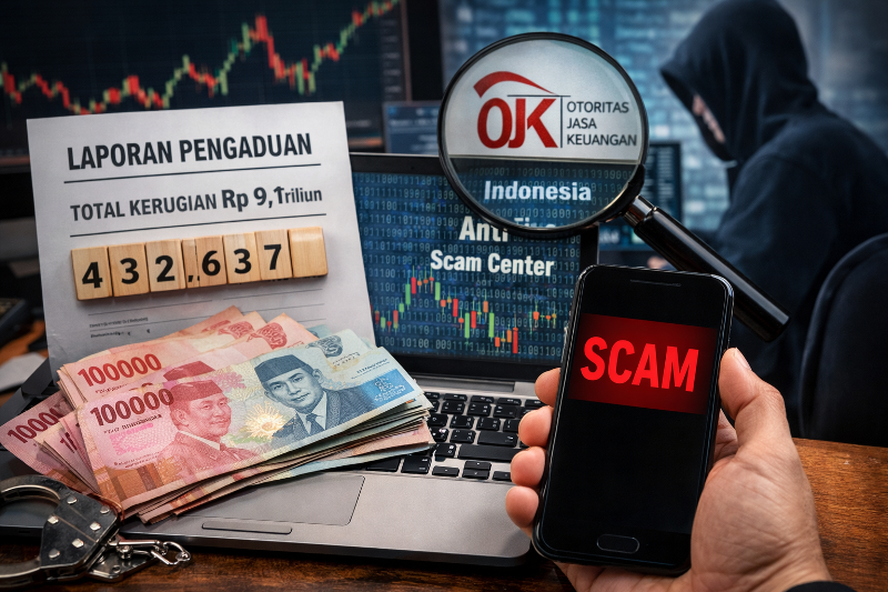 OJK mencatat 432.637 laporan penipuan digital dengan total kerugian Rp 9,1 triliun hingga Januari 2026. Sekitar 1.000 pengaduan masuk setiap hari. IASC telah memblokir ratusan ribu rekening.