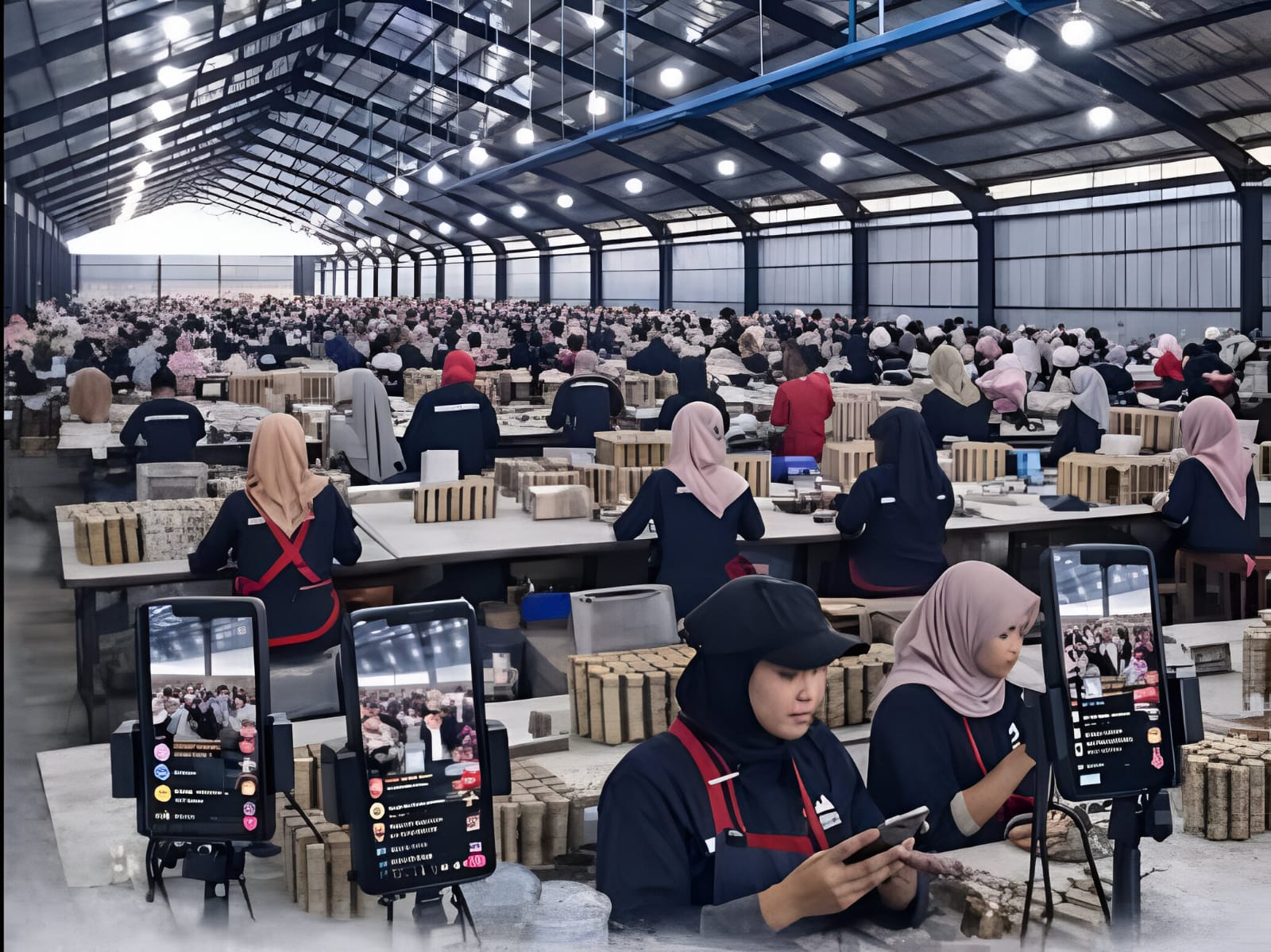 Unik : Sejumlah pekerja pabrik rokok di Magelang melakukan siaran langsung via Tik Tok disela aktivitas produksi.