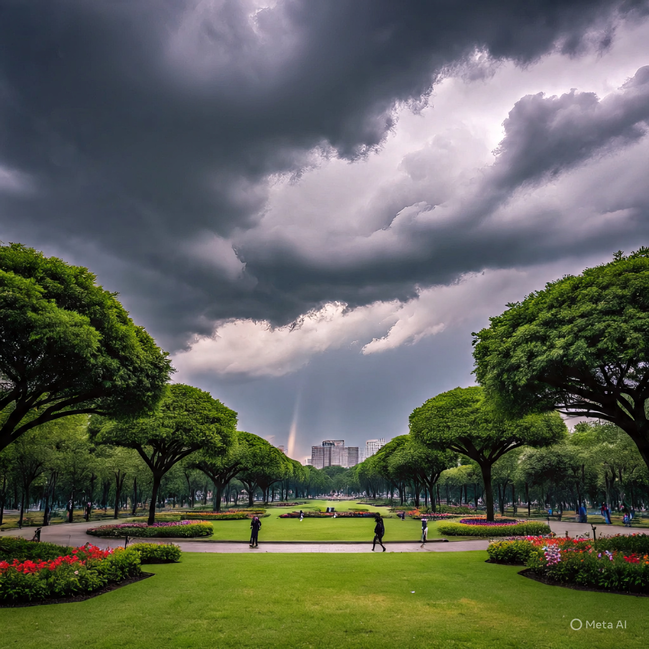 Ilustrasi awan mendung di taman kota. (AI)