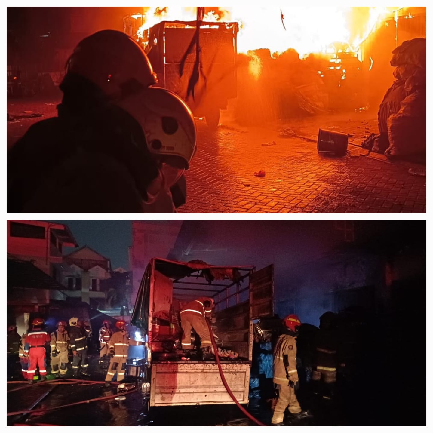 MEMBARA : Petugas DPKP Surabaya berupaya memadamkan kobaran api yang membakar ruko digunakan gudang di Jalan Raya Dupak, Surabaya Sabtu (7/2).(IST/RADAR SURABAYA)