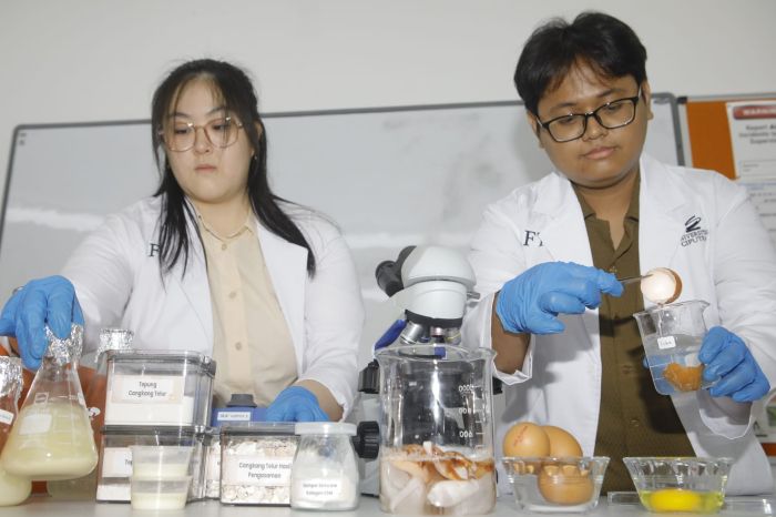 INOVASI: Tim peneliti dari Universitas Ciputra (UC) Surabaya, menunjukkan proses pembuatan kolagen halal dengan menggunakan limbah cangkang telur sebagai bahan utamanya, di kampus setempat.