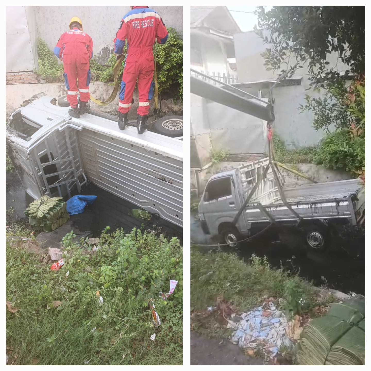 LAKA TUNGGAL : Tim Rescue DPKP Surabaya saat melalukan evakuasi mobil pikap yang tercebur sungai di Jalan Kedung Tarukan, Surabaya, Minggu (8/2).(IST/RADAR SURABAYA)
