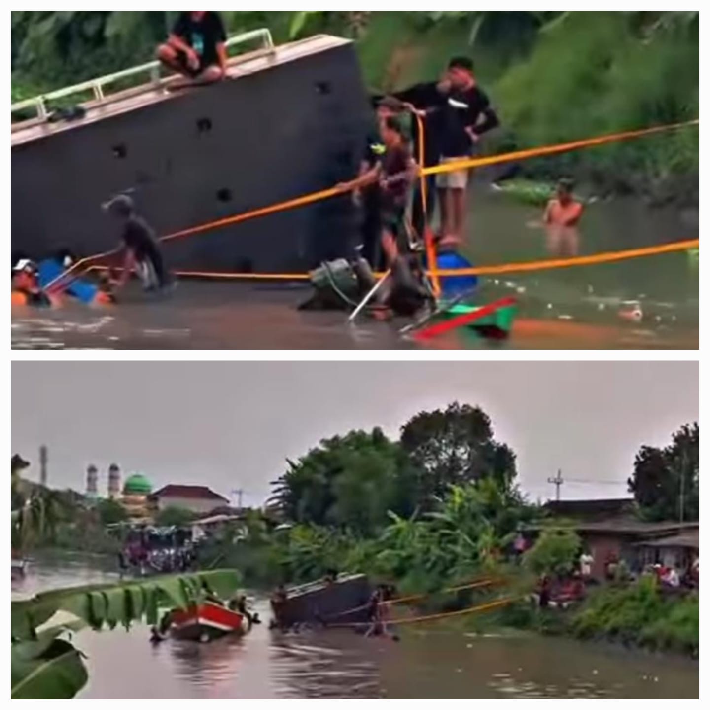 TENGGELAM: Kondisi perahu yang mengangkut sound horeg terbalik di sungai Desa Balongdowo, Candi, Sidoarjo. (IST/RADAR SURABAYA)