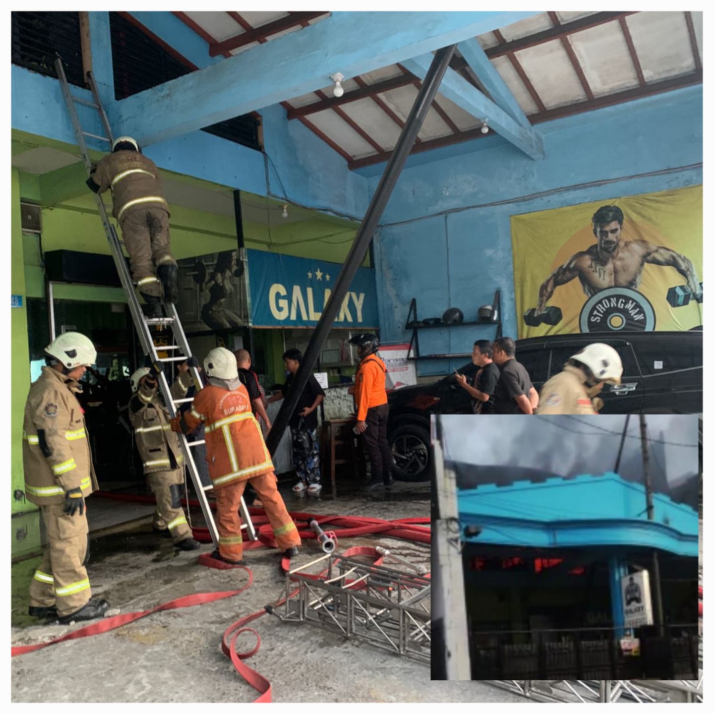 HANGUS : Petugas DPKP Surabaya saat memadamkan api di sebuah tempat gym Jalan Jarak, Surabaya, Minggu (8/2).(IST/RADAR SURABAYA)