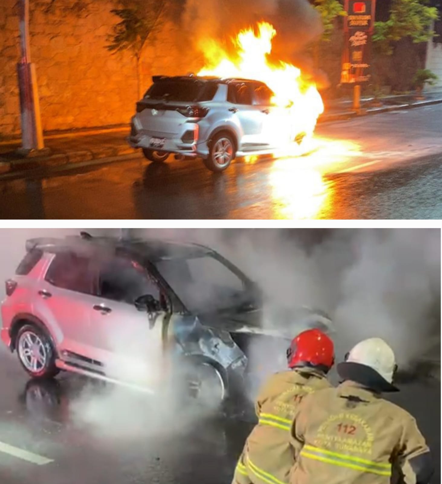 MENYALA : Kondisi mobil yang terbakar di Jalan Kertajaya Indah Surabaya, Minggu (8/2) malam. (IST/RADAR SURABAYA)