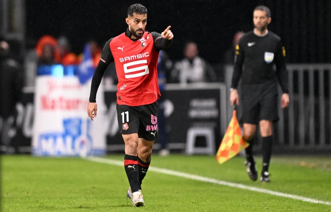 Moussa Al-Tamari merayakan gol yang membuat Rennes unggul atas PSG.