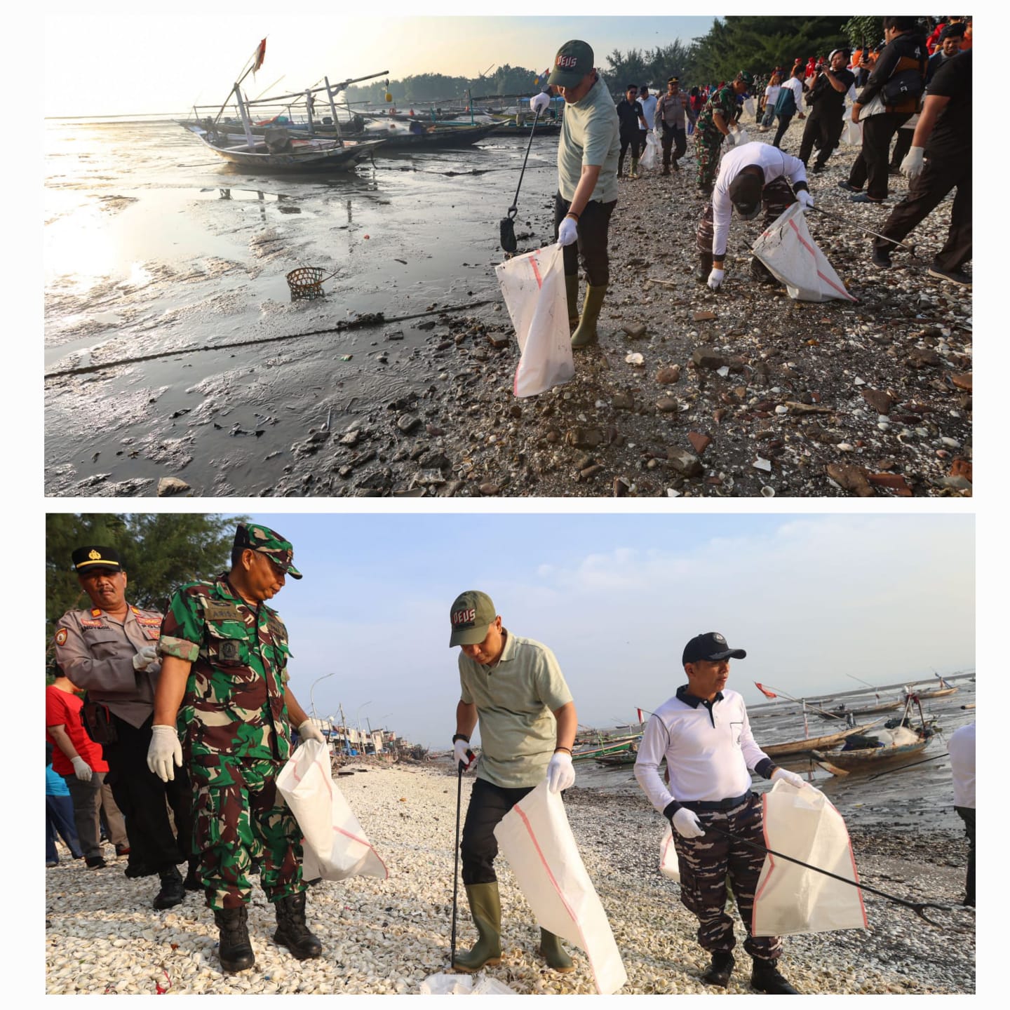 GOTONG ROYONG: Wali Kota Surabaya Eri Cahyadi bersama forkopimda dan warga bersih-bersih sampah di pantai batu-batu, Taman Suroboyo, Kenjeran.(IST/RADAR SURABAYA)