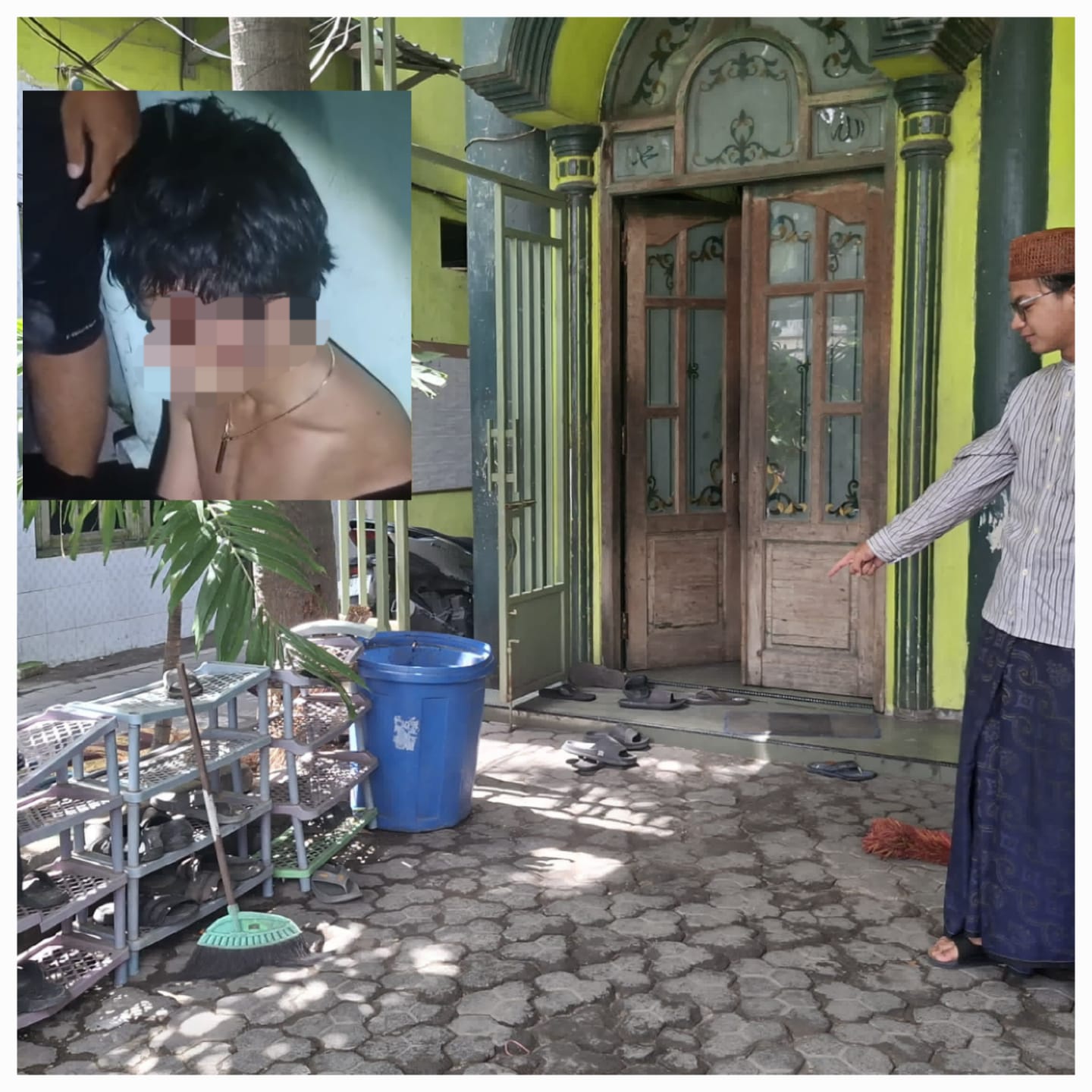 LOKASI: Salah satu santri menunjukkan lokasi sepeda motor sebelum dicuri pelaku curanmor (insert) di Ponpes Jalan Kedung Tarukan, Surabaya. (MAHRUS/RADAR SURABAYA)