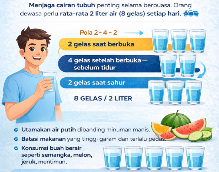 Menjaga tubuh tetap terhidrasi selama berpuasa adalah prioritas.