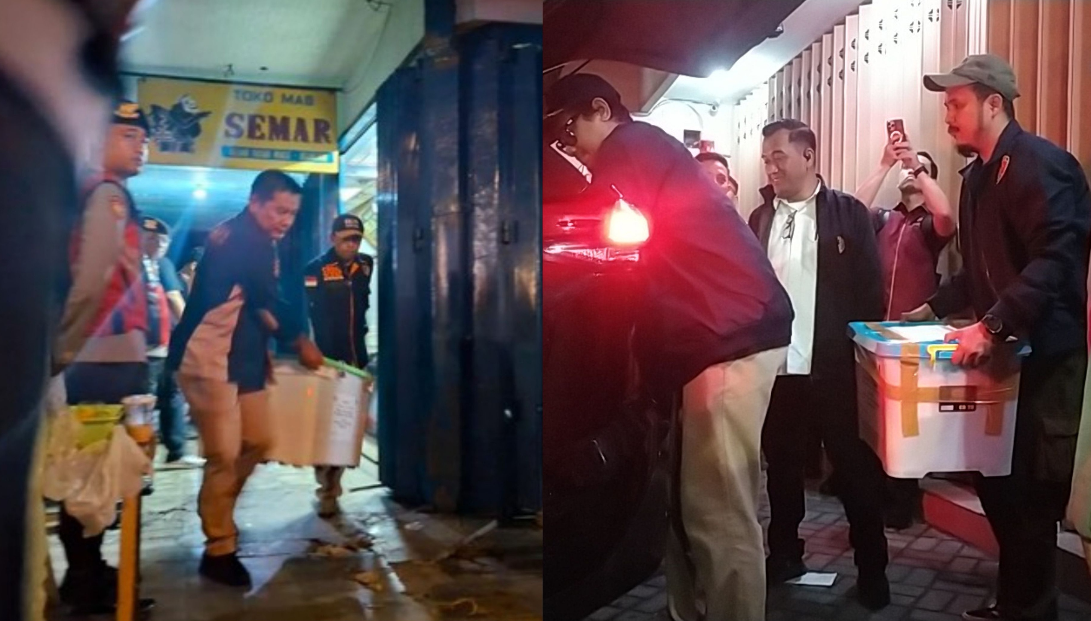 Petugas Bareskrim Polri menyita perhiasan dan Toko Emas Semar Nganjuk (kiri), di Surabaya 4 boks uang dan emas batangan.