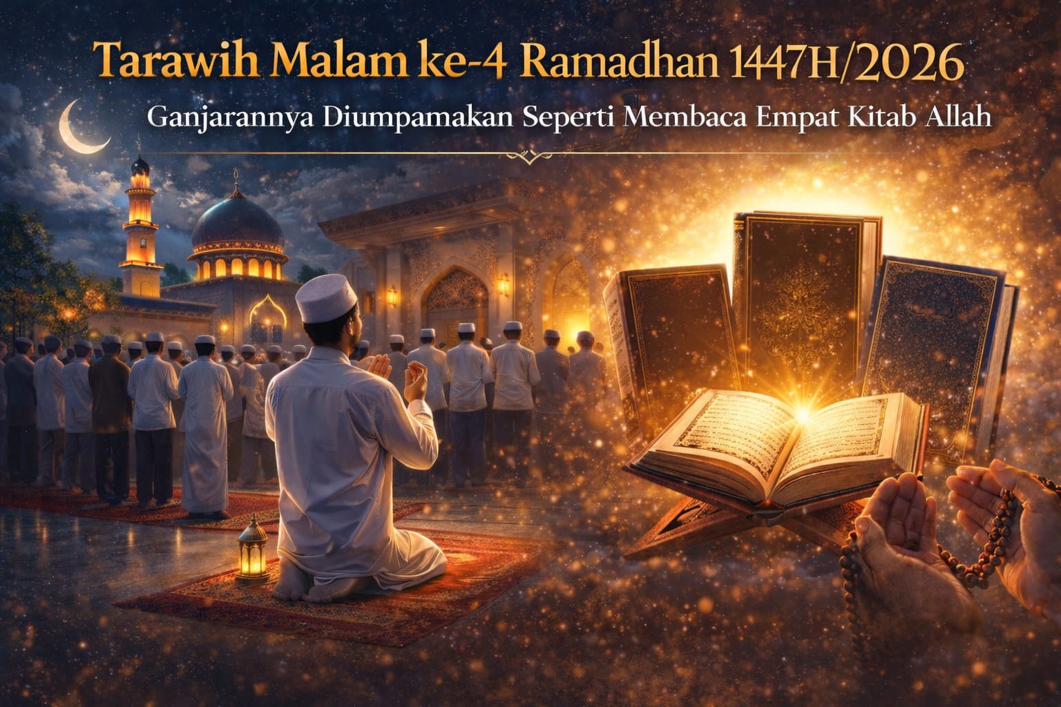 Motivasi: Keutamaan salat tarawih malam ke-4 diibaratkan seperti membaca empat kitab suci, menjadi dorongan untuk terus istiqamah beribadah di bulan Ramadhan.
